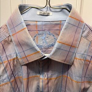 Bugatchi Plaid Dress Shirt in Light Blue, Orange & Lavender